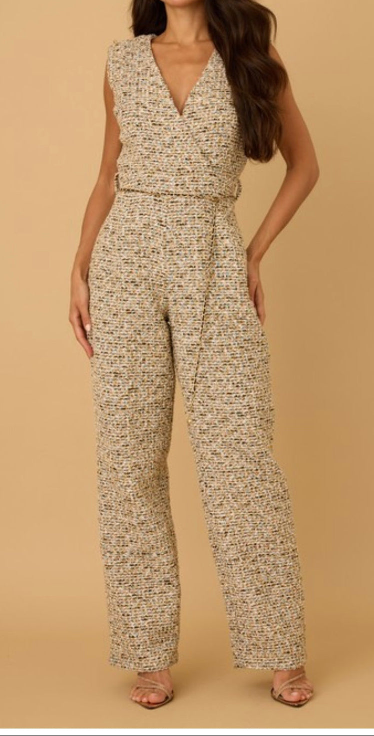 White Tweed Jumpsuit with Chain Belt