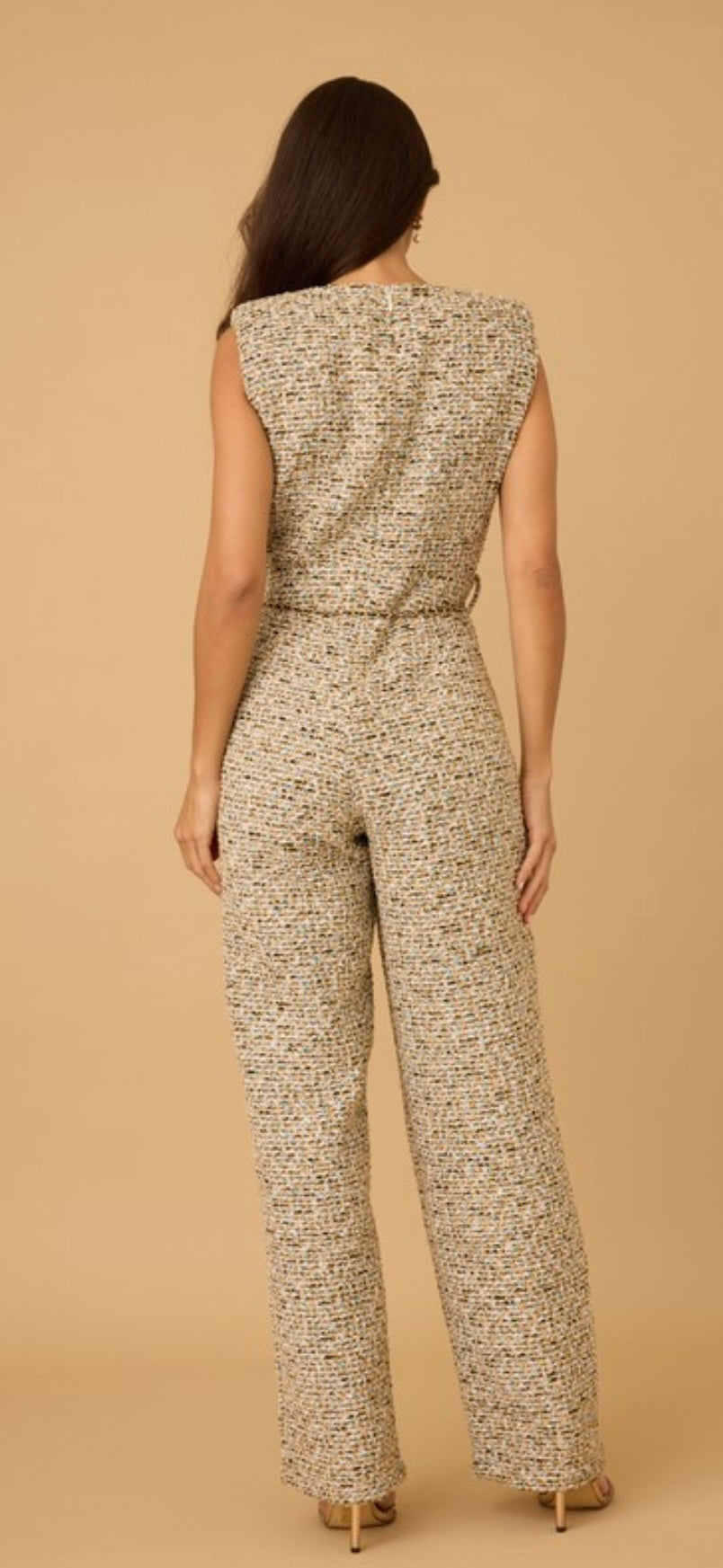 White Tweed Jumpsuit with Chain Belt